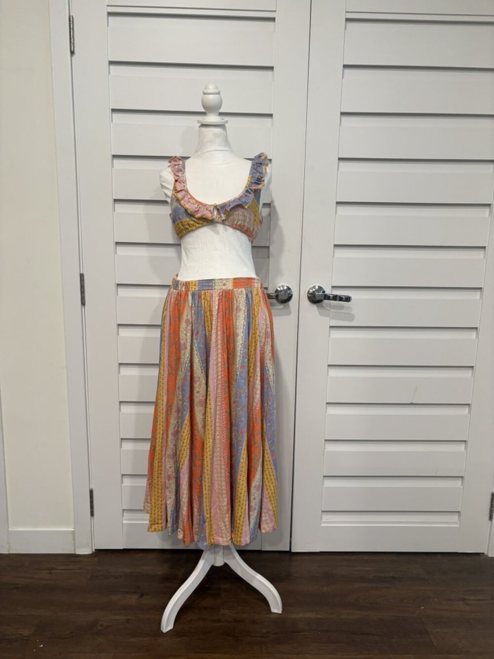 Free People As It Was Patchwork Ruffle Crop Top Midi Skirt Set XS - Picture 6 of 13